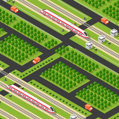快现代高速火车和汽车向量平等角插图公共运输快现代高速火车和汽车向量平等角插图
