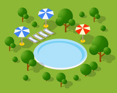 等角池和雨伞城市基础设施向量体系结构现代插图为游戏设计和业务形式背景等角池和雨伞城市基础设施向量