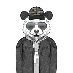 熊猫熊赶时髦的人穿着现代城市服装就像皮革夹克连帽衫和帽与伪装模式毛茸茸的艺术插图时尚动物熊猫熊赶时髦的人穿着现代城市服装就像皮革夹克连帽衫和帽与伪装模式