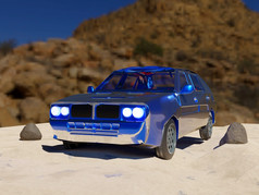 蓝色的车的沙漠呈现