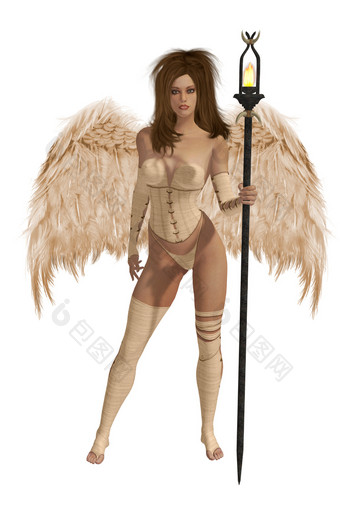 米色长翅膀的天使与浅黑肤色的女人头发站持有火炬