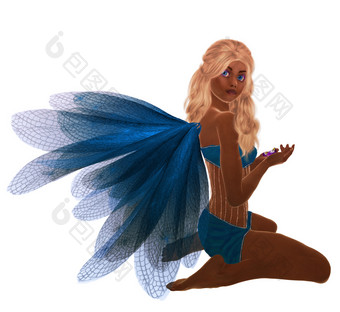 非洲阿梅尔坎蓝色的仙女与金发女郎头发坐着持有花她的手