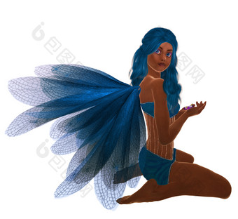 非洲美国蓝色的仙女与蓝色的头发坐着持有花她的手