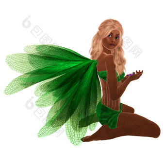 非洲美国绿色仙女与金发女郎头发坐着持有花她的手