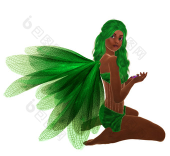 非洲美国绿色仙女与绿色头发坐着持有花她的手