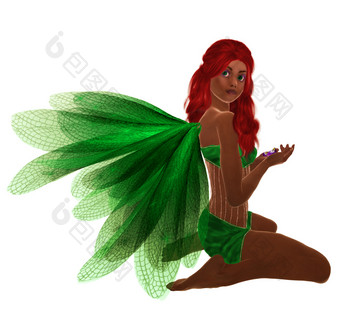 非洲美国绿色仙女与红色的头发坐着持有花她的手