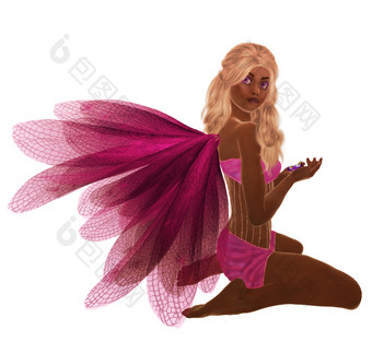 非洲美国粉红色的仙女与金发女郎头发坐着持有花她的手