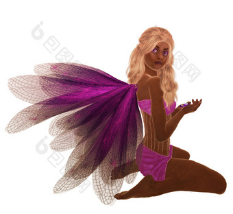 非洲美国紫色的仙女与金发女郎头发坐着持有花她的手