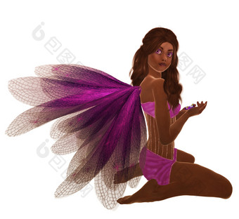 非洲美国紫色的仙女与浅黑肤色的女人头发坐着持有花她的手
