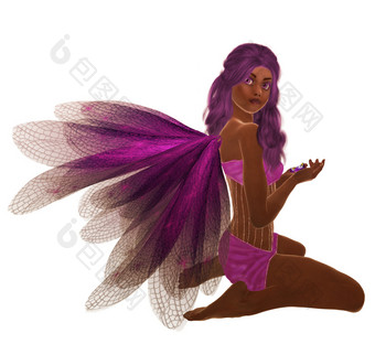 非洲美国紫色的仙女与紫色的头发坐着持有花她的手
