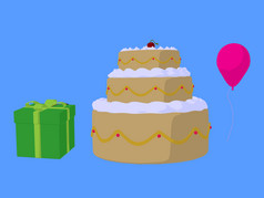 蛋糕气球和礼物蓝色的背景