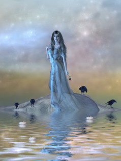 美丽的女包围水和乌鸦