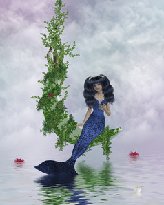 美人鱼坐着葡萄树月亮以上水