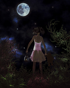 小女孩发现她的道路首页的光的月亮