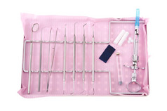 牙科工具包托盘粉红色的围嘴手术仪器清晰度纸棉花卷毛墨盒而且注射器