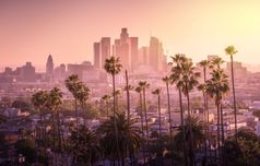 美丽的日落这些洛杉矶市中心天际线和棕榈树前景