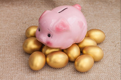 粉红色的小猪银行爬堆金复活节蛋棕色（的）袋