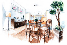 餐厅房间设计水彩绘画