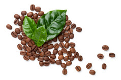 咖啡豆子与绿色叶子孤立的白色背景平躺前视图烤Arabica