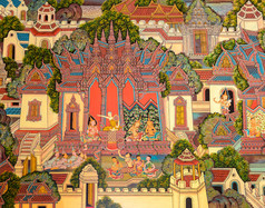 古老的佛教寺庙壁画绘画的生活佛nonthaburi泰国