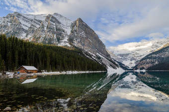美丽的冬天自然全景视图湖刘易斯与岩石山反射班夫国家公园阿尔伯塔省加拿大