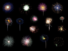 集合色彩斑斓的节日15烟花爆炸在晚上天空孤立的黑色的背景