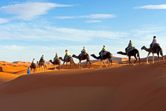 骆驼商队会通过的撒哈拉沙漠沙漠摩洛哥日落