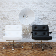 白色砖墙办公室室内与两个皮革扶手椅版本与照明