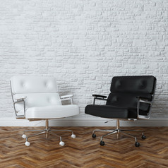 白色砖墙办公室室内与两个皮革扶手椅