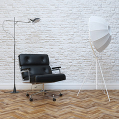 白色砖墙室内与黑色的皮革办公室扶手椅