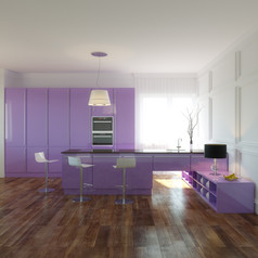 紫罗兰色的厨房新室内与木地板上而且白色墙