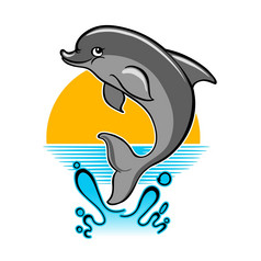 跳海豚和飞溅水对日落向量插图卡通风格