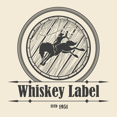 老威士忌标签与桶和牛仔竞技表演牛仔骑野生马向量插图