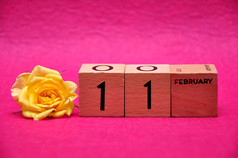 2月木块与黄色的玫瑰粉红色的背景