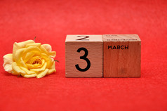 3月木块与黄色的玫瑰红色的背景