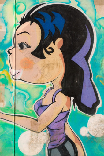 长而且黑色的头发紫色的穿着女孩与<strong>大嘴唇</strong>涂鸦grafito街艺术里托斯卡纳意<strong>大</strong>利