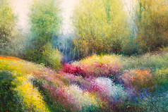 石油帆布绘画春天草地与色彩斑斓的花和树石油帆布绘画春天草地与色彩斑斓的花和三