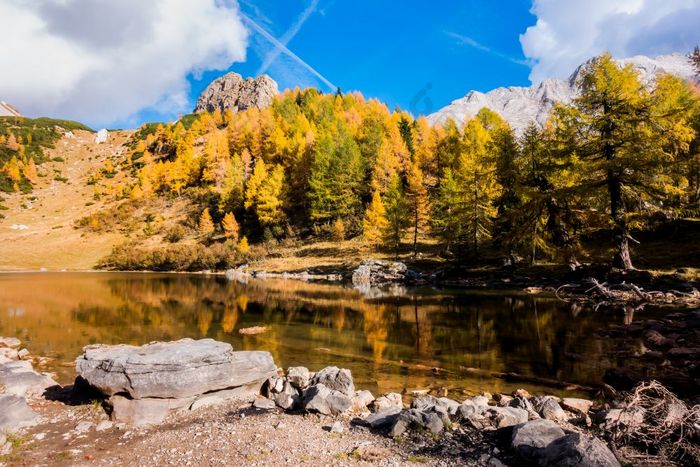 色彩斑斓的秋天景观山山湖和Colrful树意大利绿意盎然湖博尔达利亚