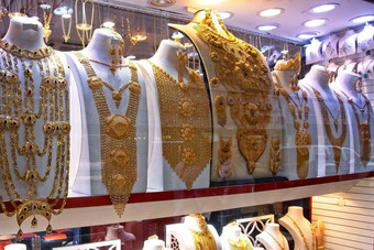 拍摄从黄金露天市场迪拜著名的黄金市场的地方访问迪拜旅游吸引力珠宝饰品商店