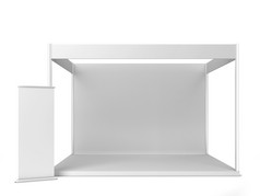贸易显示展位与横幅插图孤立的白色背景