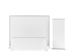空白贸易展桌布与横幅一边插图孤立的白色背景