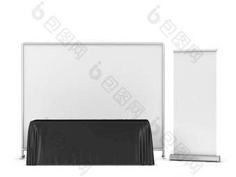 空白<strong>贸易</strong>展桌布与背景和汇总横幅模型插图孤立的白色背景