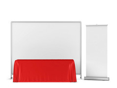空白贸易展桌布与背景和汇总横幅模型插图孤立的白色背景