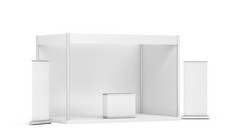 空白贸易展展位与计数器和汇总横幅插图孤立的白色背景