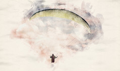 水彩插图滑翔伞飞行通过云形成