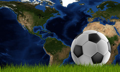 足球球与绿色草坪上和世界地图集中美国加拿大墨西哥d-illustration元素这图像有家具的已开启