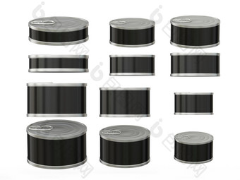 集黑色的短圆柱锡罐各种各样的大小一般可以包装与空白黑色的标签为各种食物产品准备好了为你的设计艺术作品剪裁路径包括