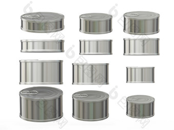 集短圆柱铝锡罐各种各样的大小一般可以包装与空白标签为各种食物产品准备好了为你的设计艺术作品剪裁路径包括