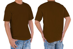 男人。穿棕色（的）t恤与剪裁路径前面和回来视图模板为插入标志模式艺术作品