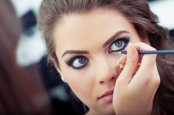 化妆艺术家应用液体眼线笔与刷关闭